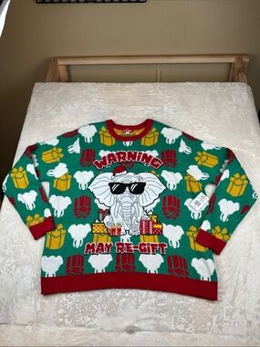 Holiday Elephant Crewneck Sweater - Green "Warning May Re-Gift"